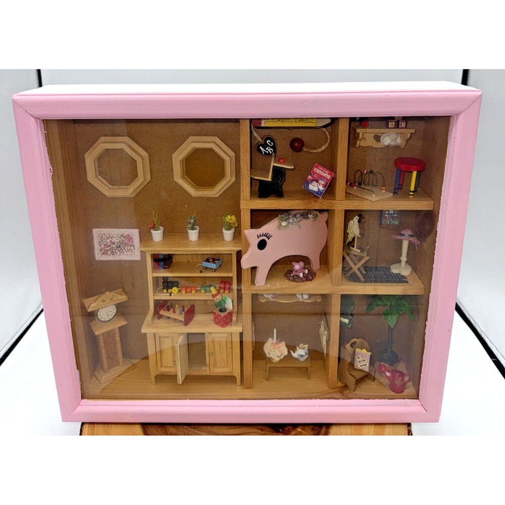 Vintage Nostalgic Doll House Shadow Box 7 Spaces W/Miniatures 14”x12”3”